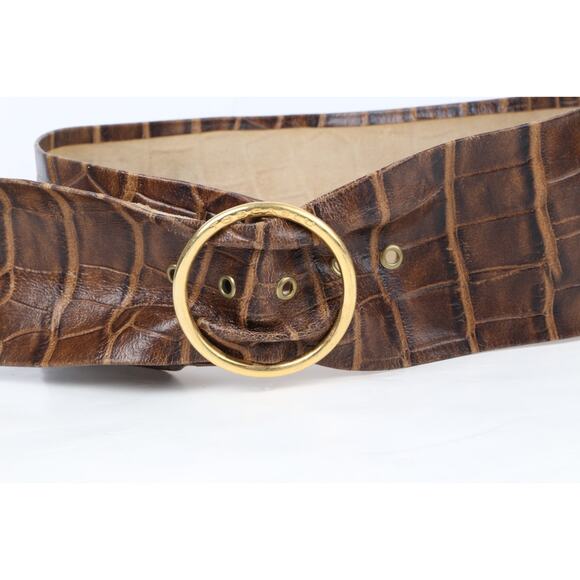 Vintage Croco Print Leather Belt Brown Wide Gold Round Buckle Size S main image 12